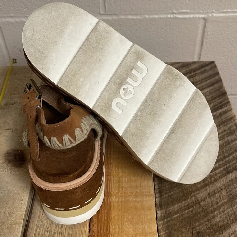 Mou Brown Suede Platform Sandals with Cream Stitching and Buckle